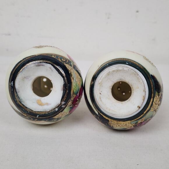 Victorian Salt & Pepper Shaker Set Moriage Floral Rose Gilt Muffineer Pink Black - Picture 7 of 11